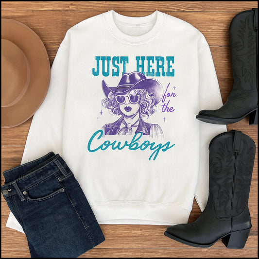 Just Here for the Cowboys Western Cowgirl Graphic Sweatshirt | Vintage Rodeo Crewneck Pullover