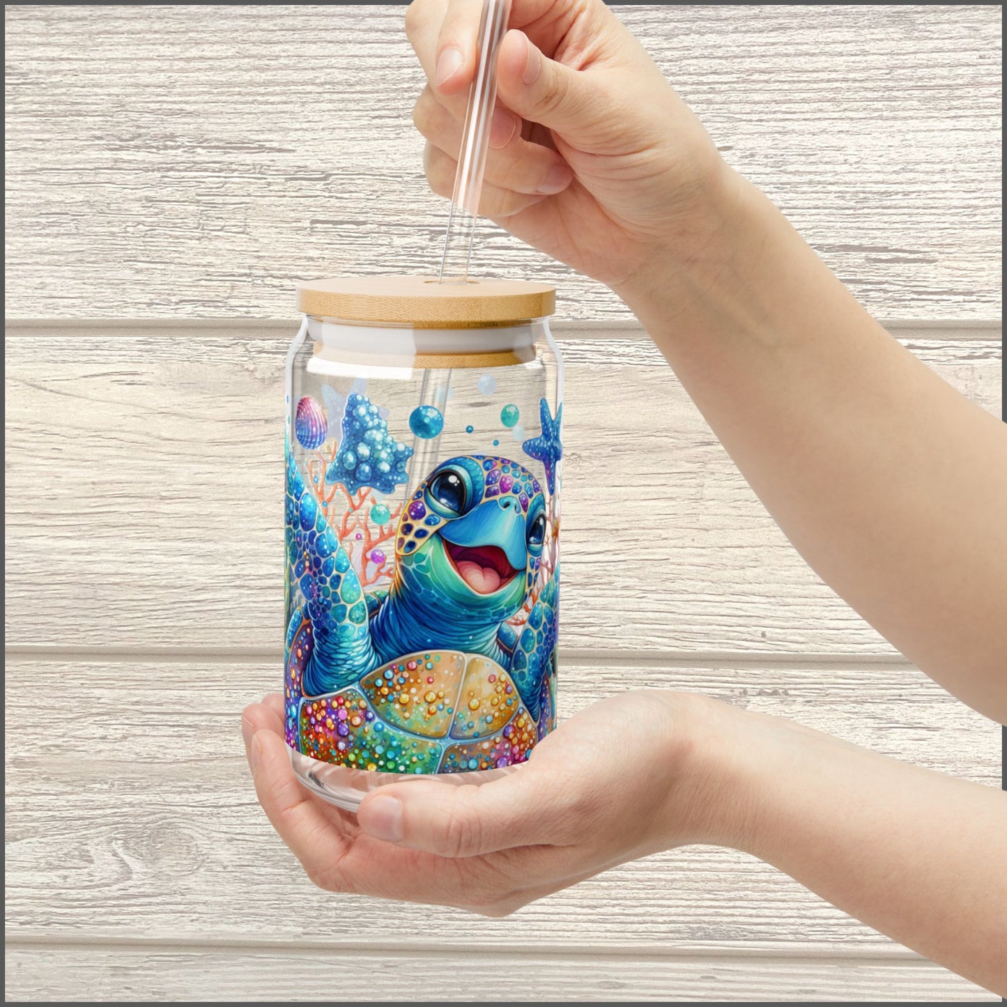 Happy Sea Turtle Ocean Glass Can β 16oz Coastal Drinkware with Bamboo Lid & Straw