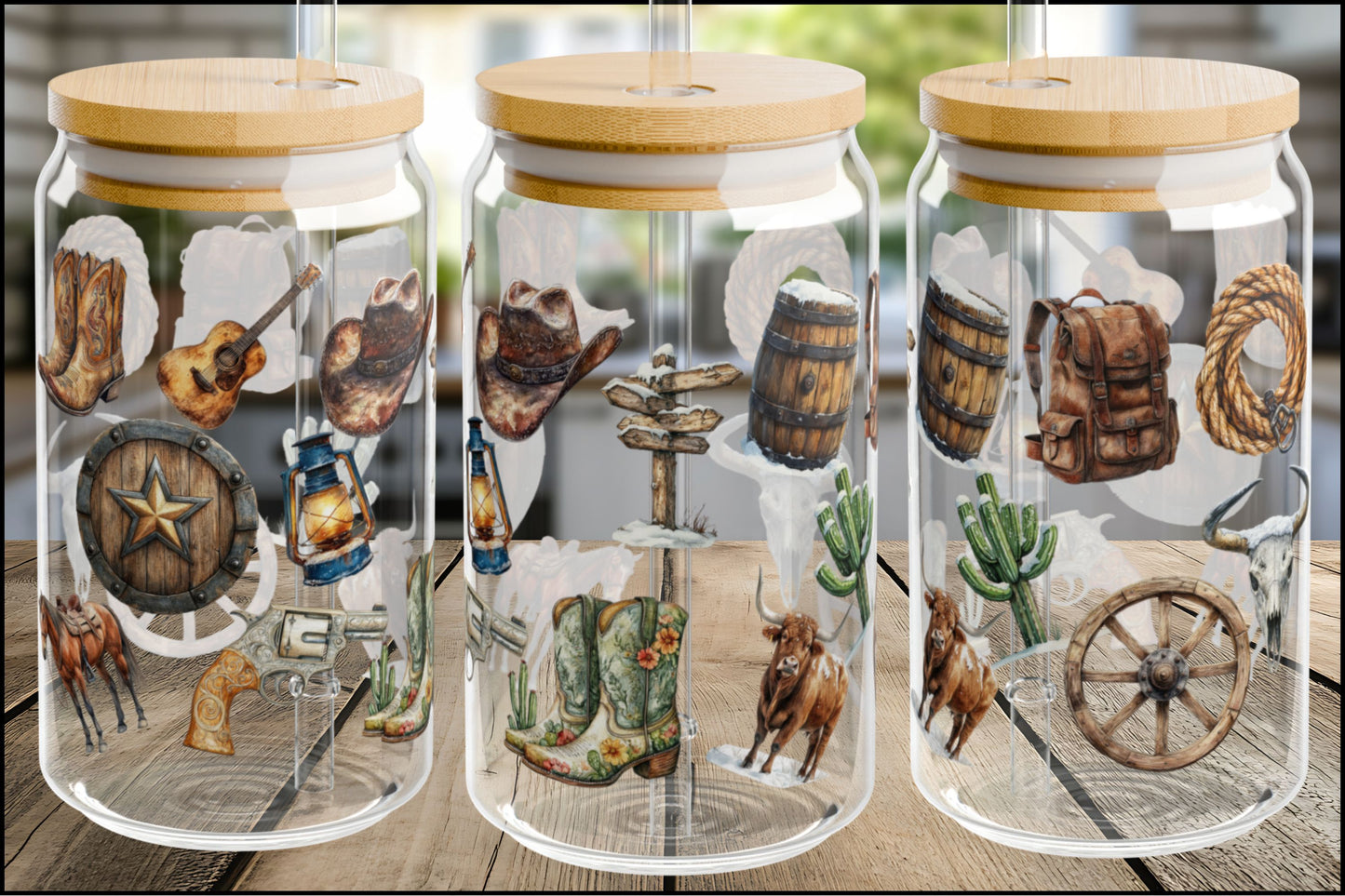 Rustic Western Cowboy Boots & Longhorn Glass Can with Bamboo Lid & Straw