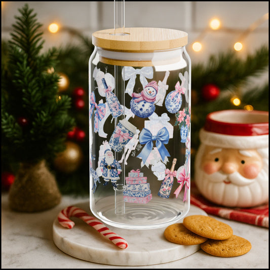 16oz Chinoiserie Pink & Blue Christmas Glass Can with Bamboo Lid & Plastic Straw