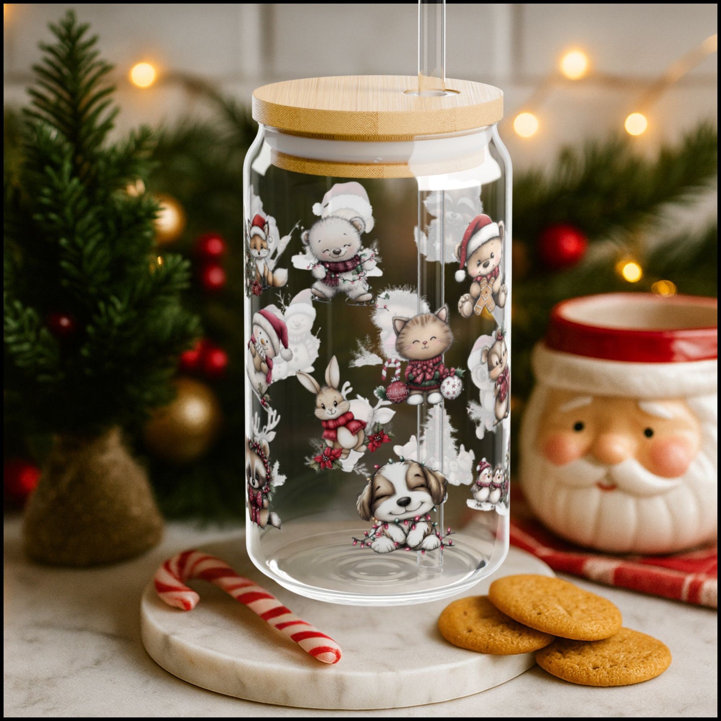 Cozy Woodland Critters Christmas Glass Can with Bamboo Lid & Straw