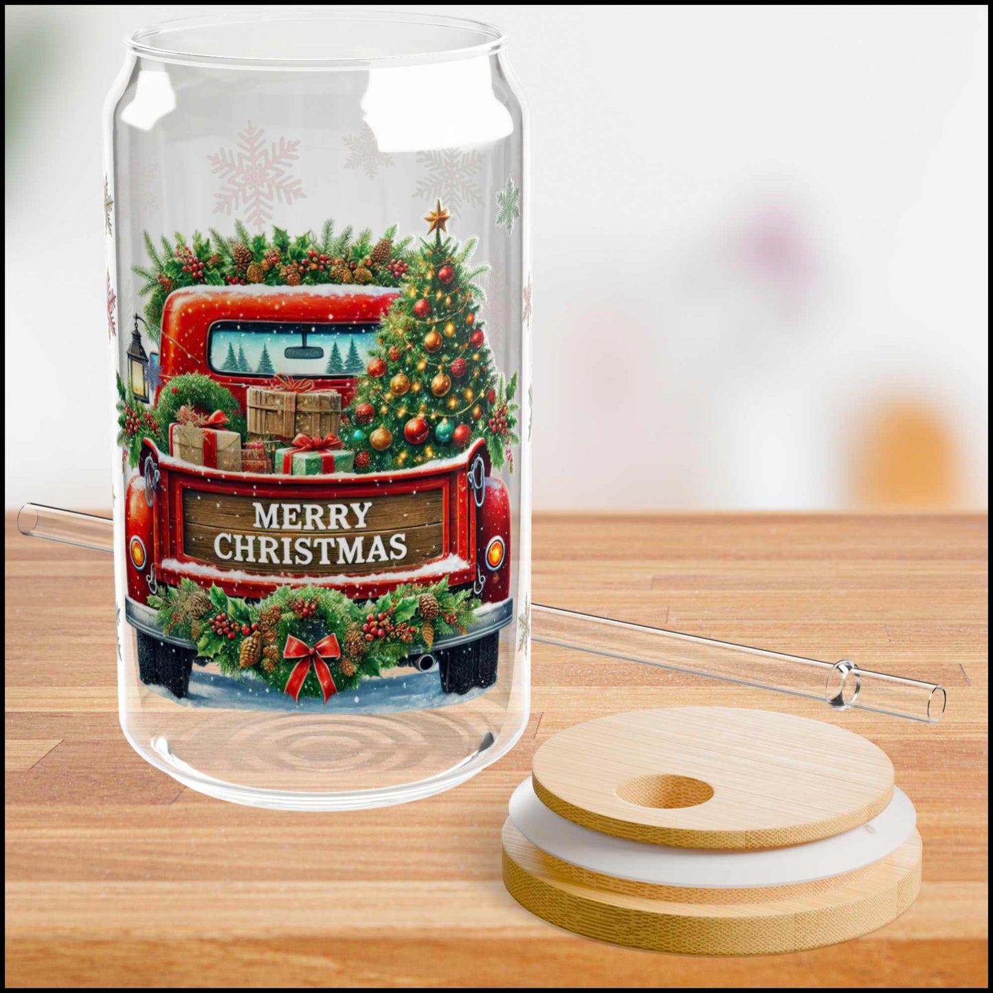 Vintage Red Truck Christmas Glass Can – 16oz Frosted Holiday Cup with Bamboo Lid & Straw | Merry Christmas Tumbler
