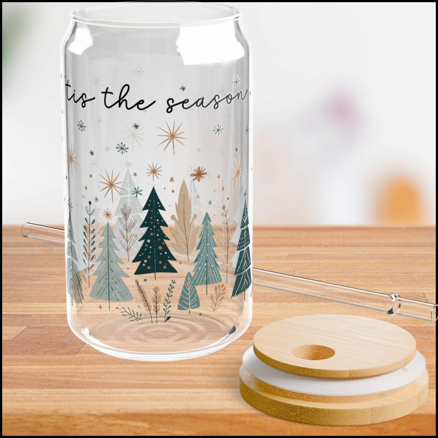 ’Tis the Season Winter Forest Glass Can – 16oz Christmas Tree Cup with Bamboo Lid & Straw | Neutral Holiday Aesthetic Drinkware