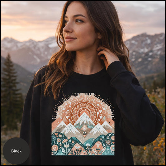 Boho Mountain Sunrise Crewneck – Nature-Inspired Folk Art Graphic Sweatshirt