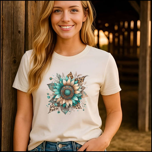 Turquoise Sunflower & Leopard Boho Tee