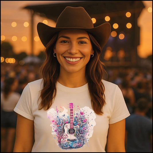 Watercolor Guitar T-Shirt – Artistic Boho Floral Music Tee