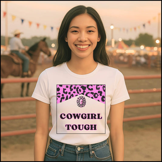 “Cowgirl Tough” Pink Leopard Rodeo Tee