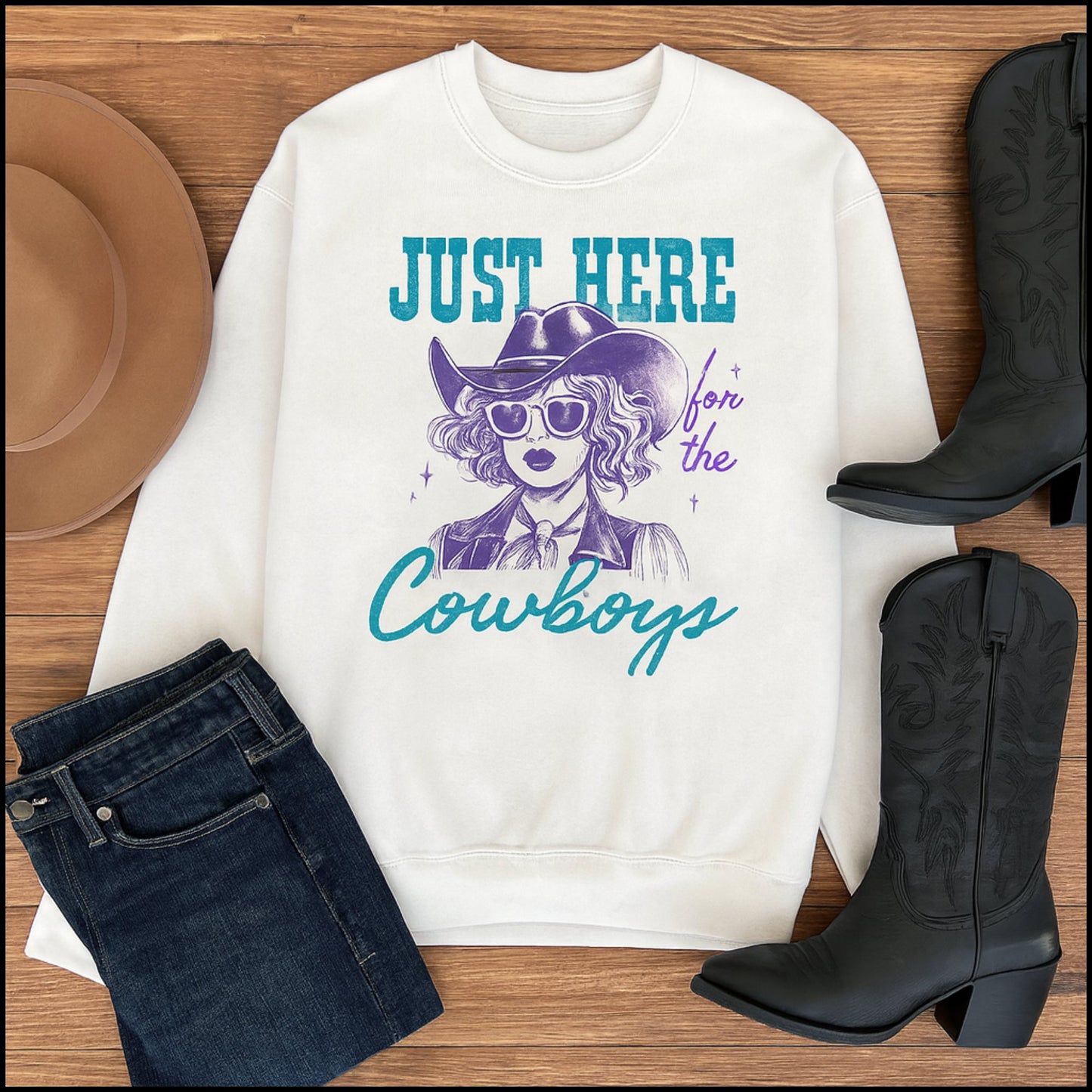 Just Here for the Cowboys Western Cowgirl Graphic Sweatshirt | Vintage Rodeo Crewneck Pullover