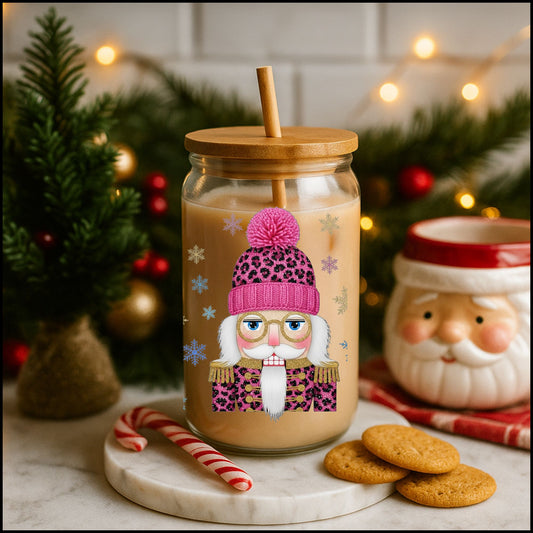 Pink Leopard Nutcracker Christmas Glass Can – 16oz Iced Coffee Cup with Bamboo Lid & Straw