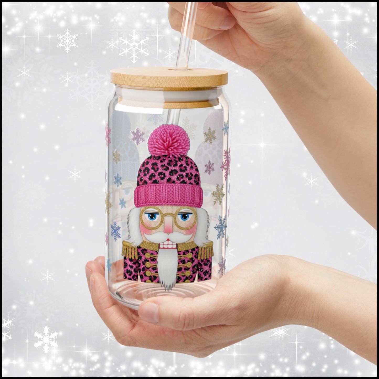 Pink Leopard Nutcracker Christmas Glass Can – 16oz Iced Coffee Cup with Bamboo Lid & Straw