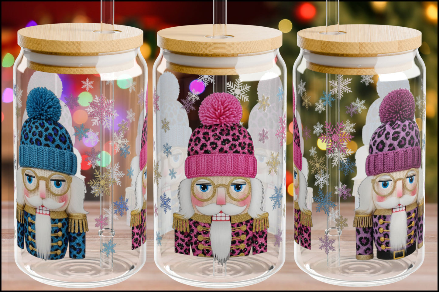 Pink Leopard Nutcracker Christmas Glass Can – 16oz Iced Coffee Cup with Bamboo Lid & Straw