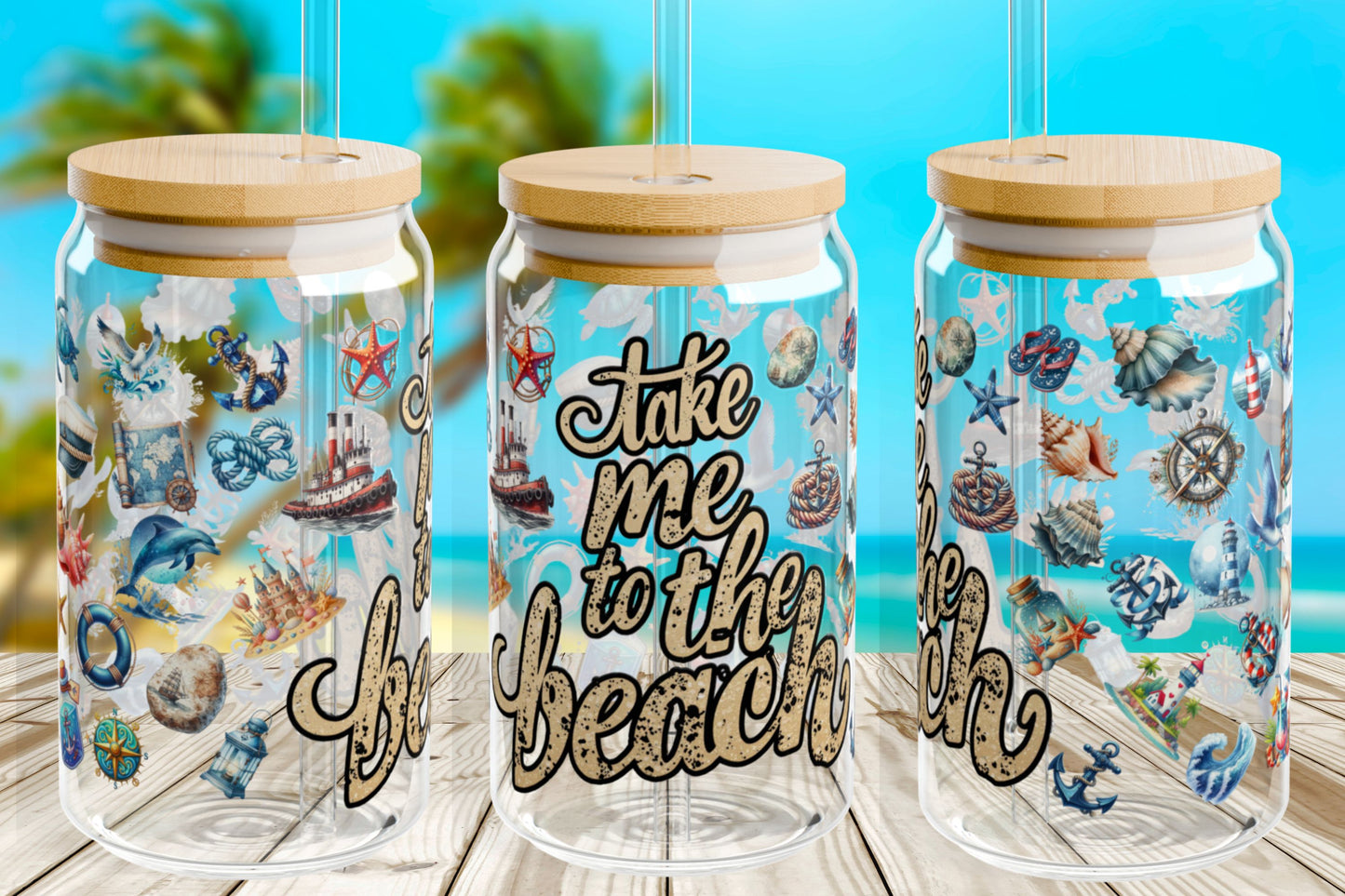 Take Me to the Beach Glass Can – 16oz Coastal Summer Cup with Bamboo Lid & Straw