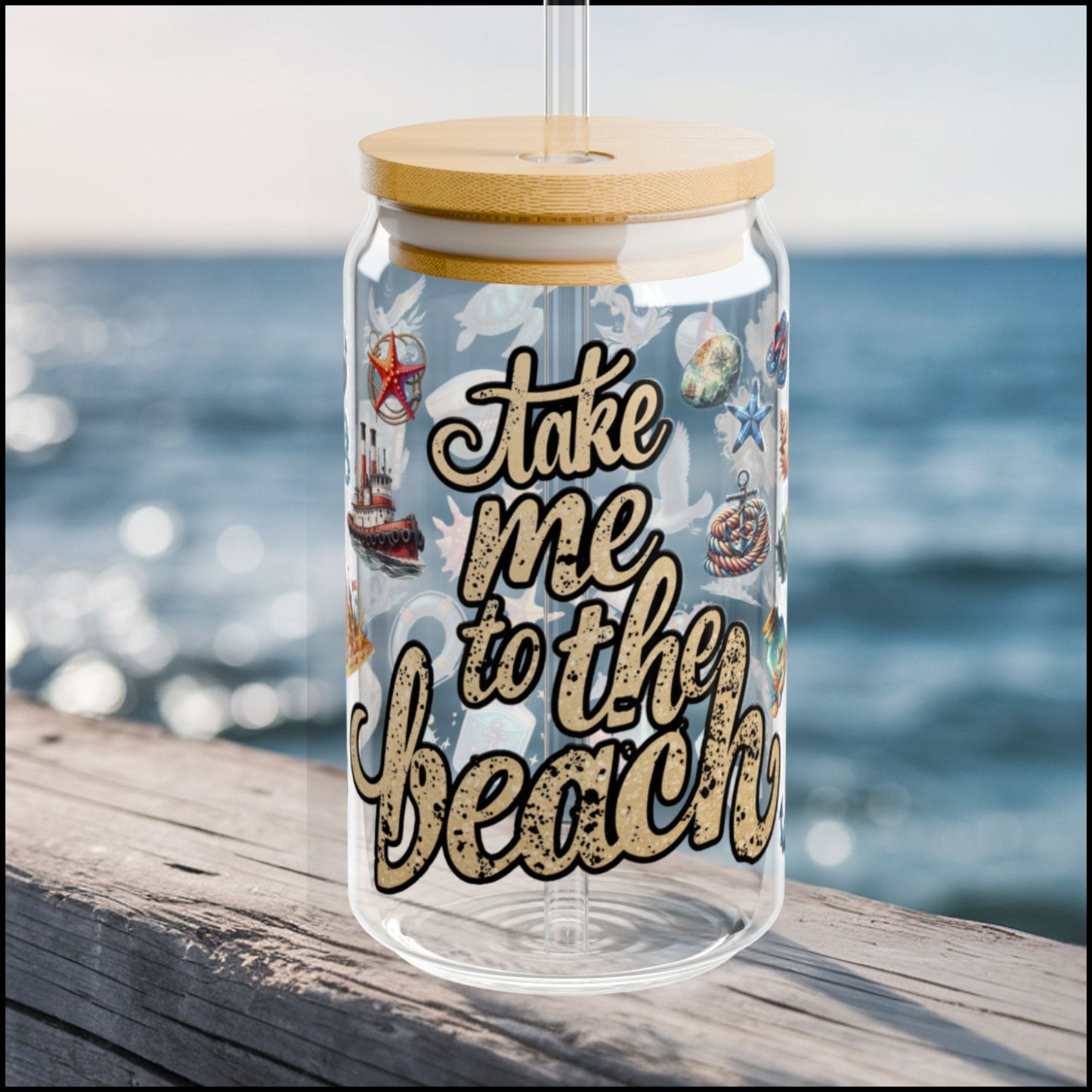 Take Me to the Beach Glass Can – 16oz Coastal Summer Cup with Bamboo Lid & Straw