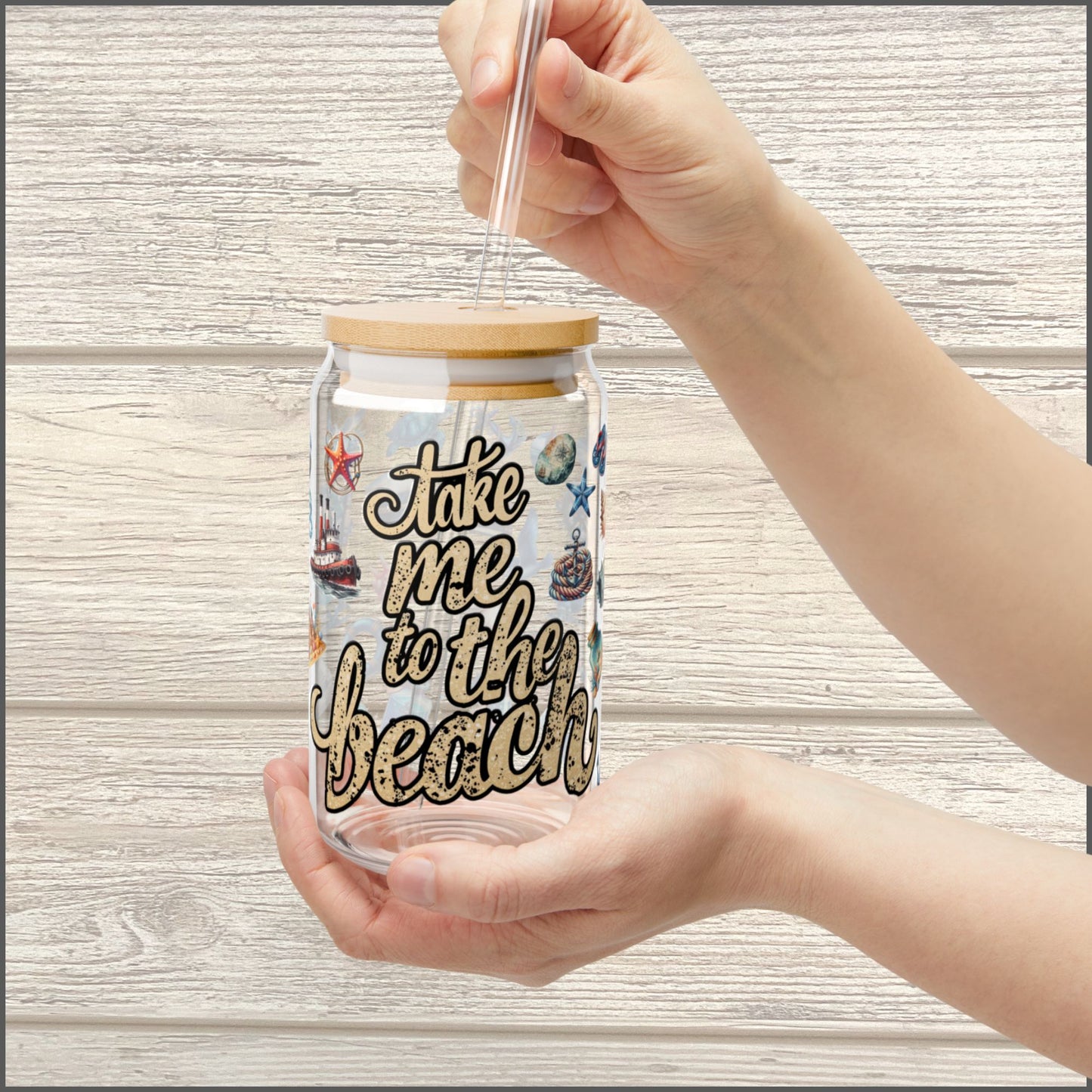 Take Me to the Beach Glass Can – 16oz Coastal Summer Cup with Bamboo Lid & Straw