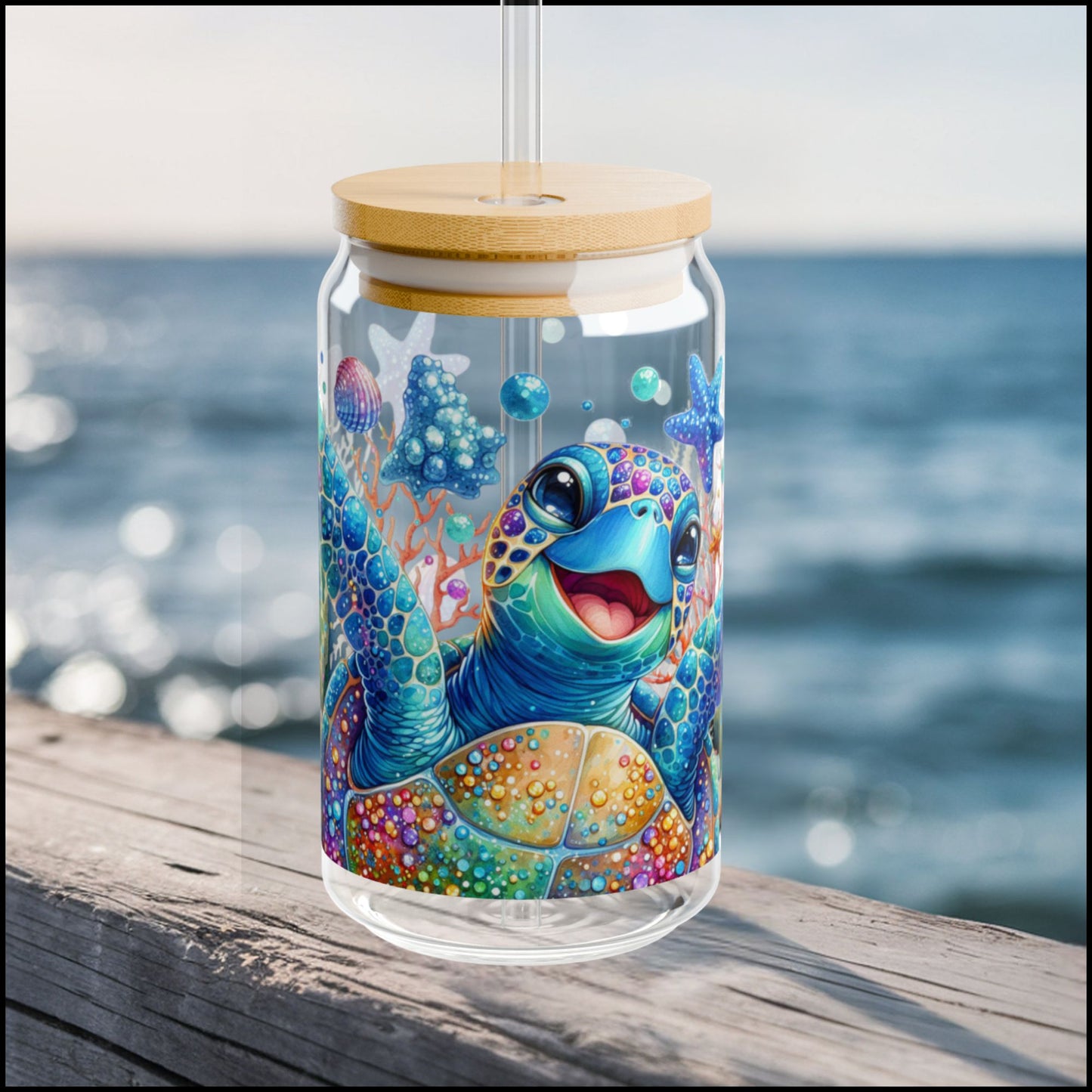 Happy Sea Turtle Ocean Glass Can – 16oz Coastal Drinkware with Bamboo Lid & Straw
