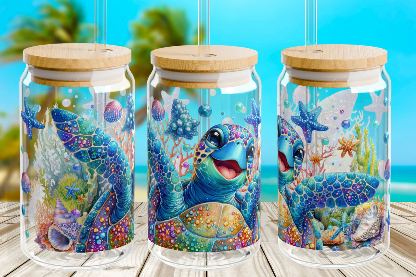 Happy Sea Turtle Ocean Glass Can – 16oz Coastal Drinkware with Bamboo Lid & Straw