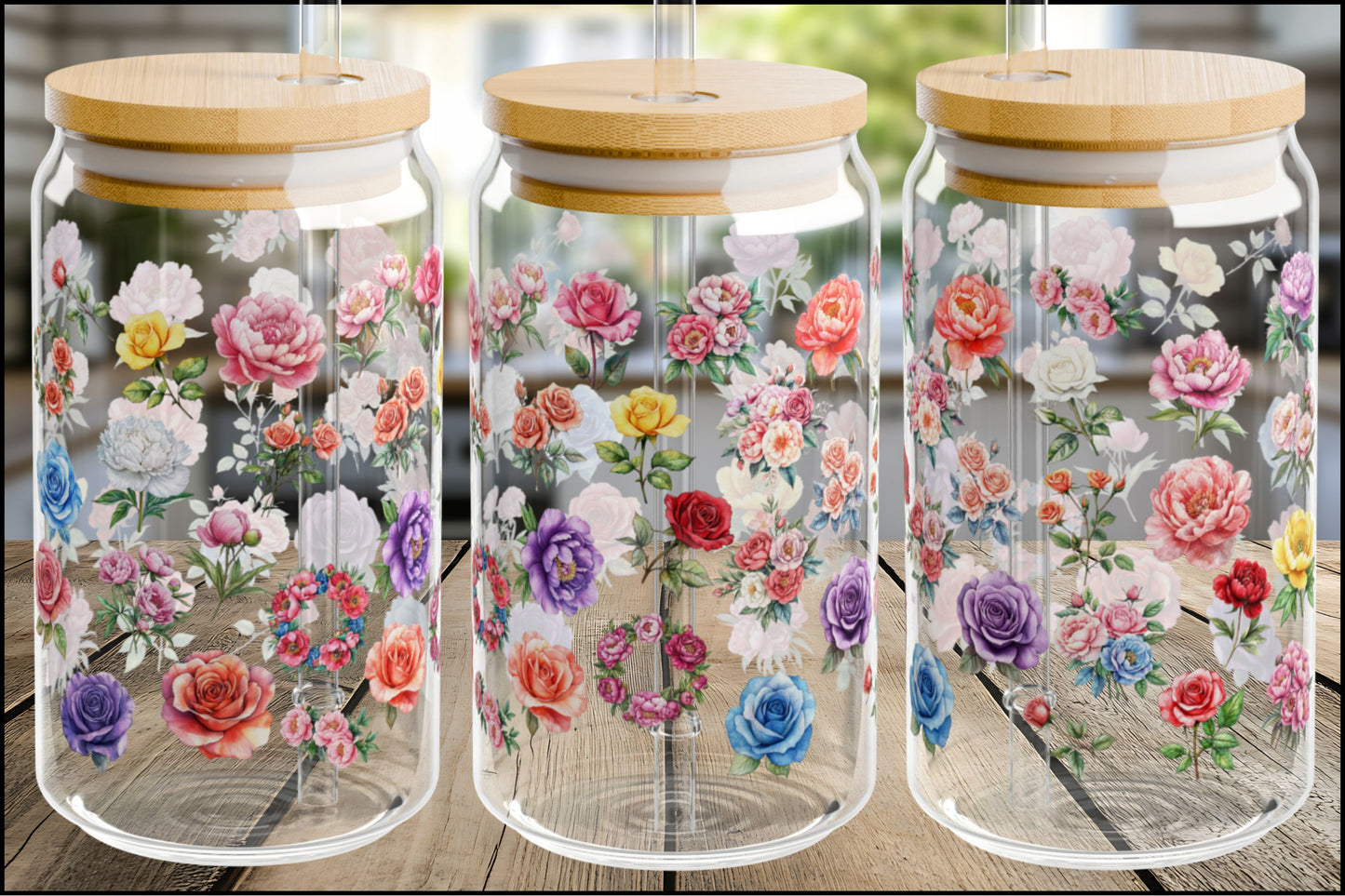 Wildflower Garden Glass Can – 16oz Floral Cup with Bamboo Lid & Reusable Straw
