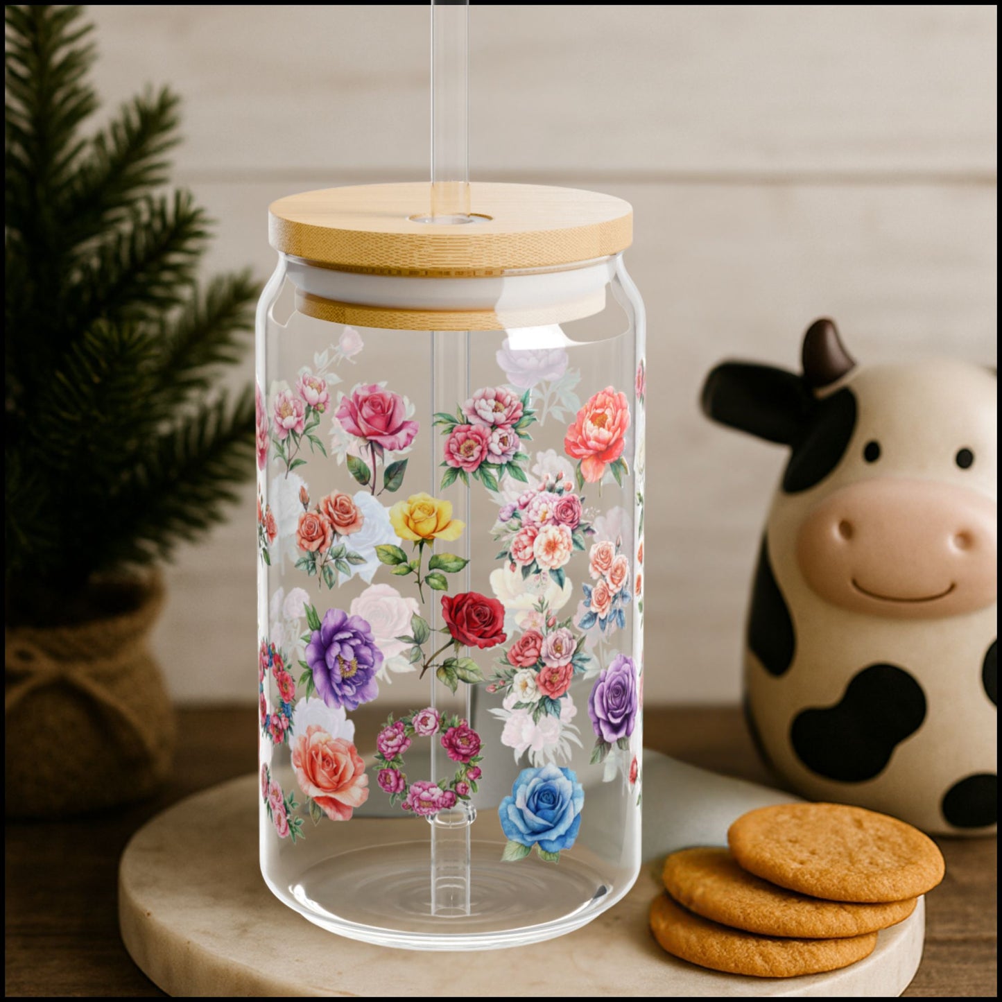 Wildflower Garden Glass Can – 16oz Floral Cup with Bamboo Lid & Reusable Straw