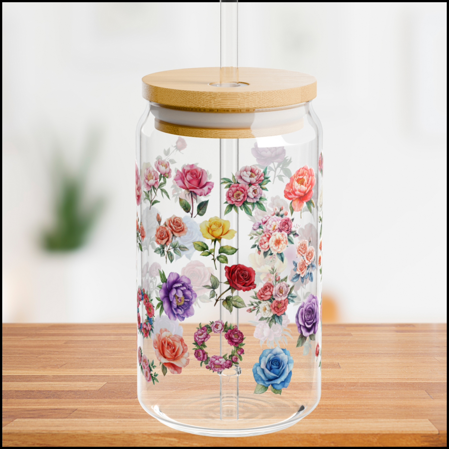 Wildflower Garden Glass Can – 16oz Floral Cup with Bamboo Lid & Reusable Straw