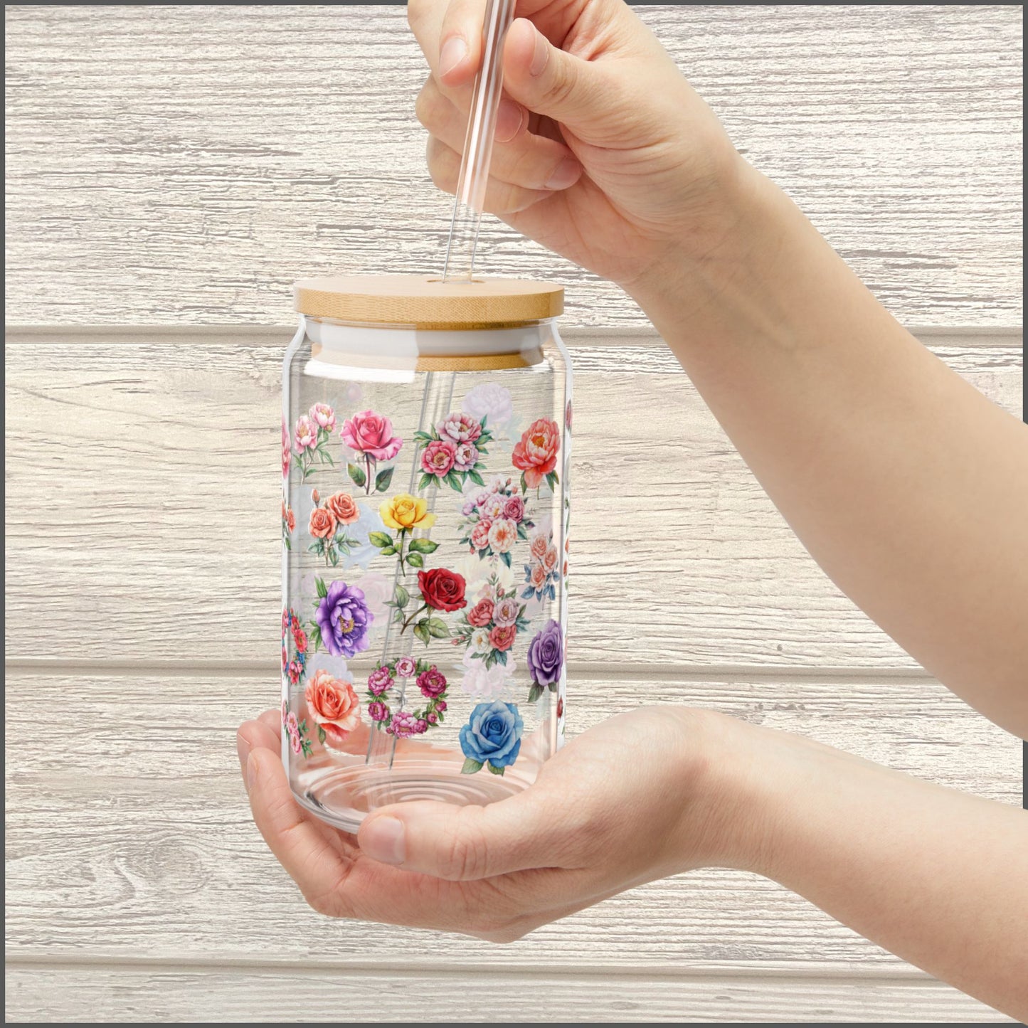 Wildflower Garden Glass Can – 16oz Floral Cup with Bamboo Lid & Reusable Straw