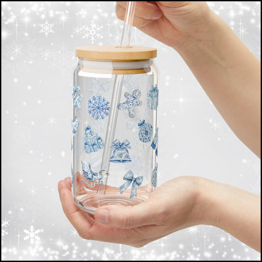 Blue & White Christmas Icons Glass Can with Bamboo Lid & Reusable Straw