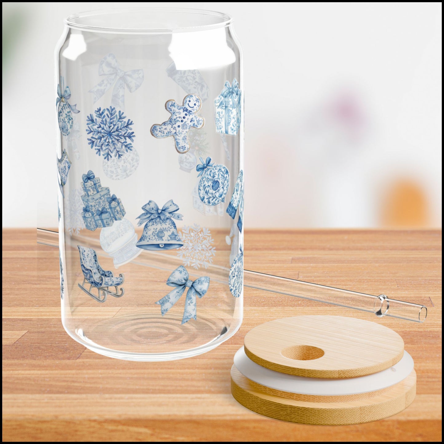 Blue & White Christmas Icons Glass Can with Bamboo Lid & Reusable Straw
