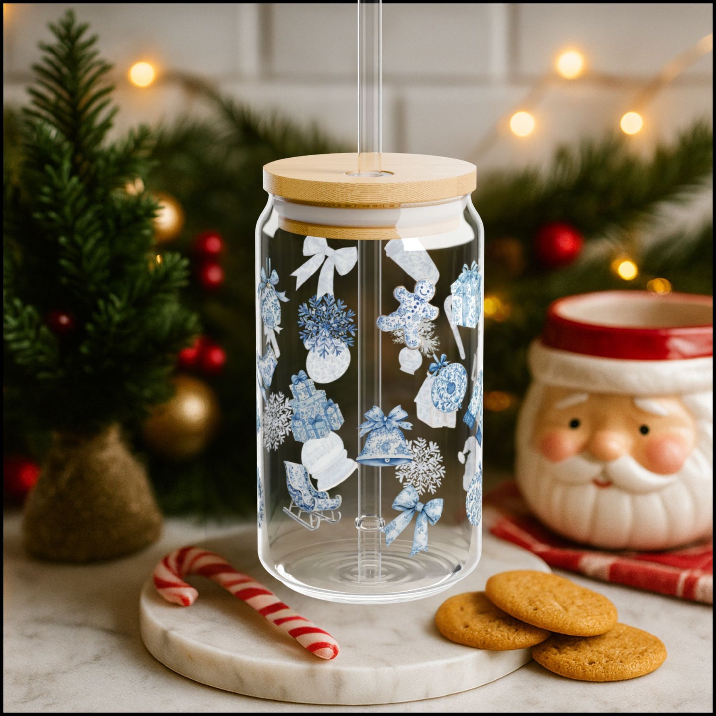 Blue & White Christmas Icons Glass Can with Bamboo Lid & Reusable Straw