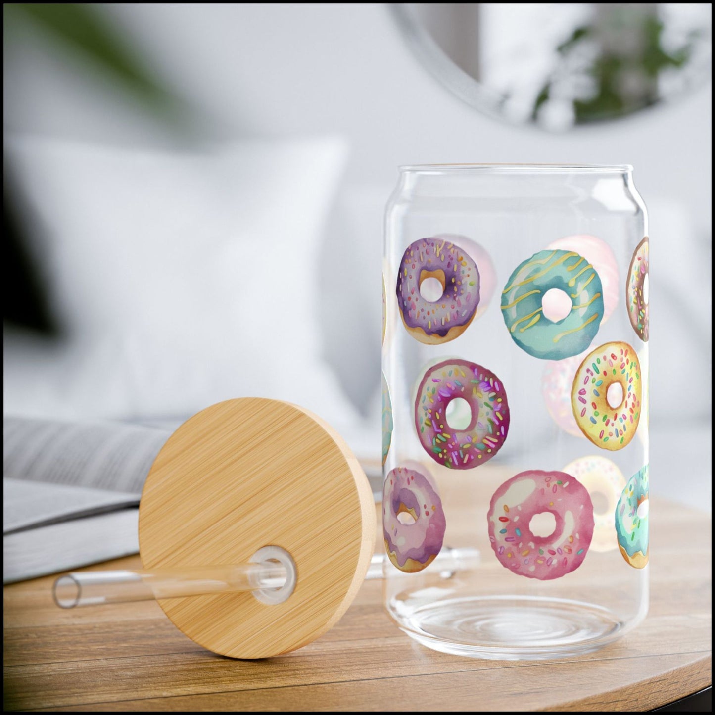 Colorful Donut Party Glass Can with Bamboo Lid & Plastic Straw