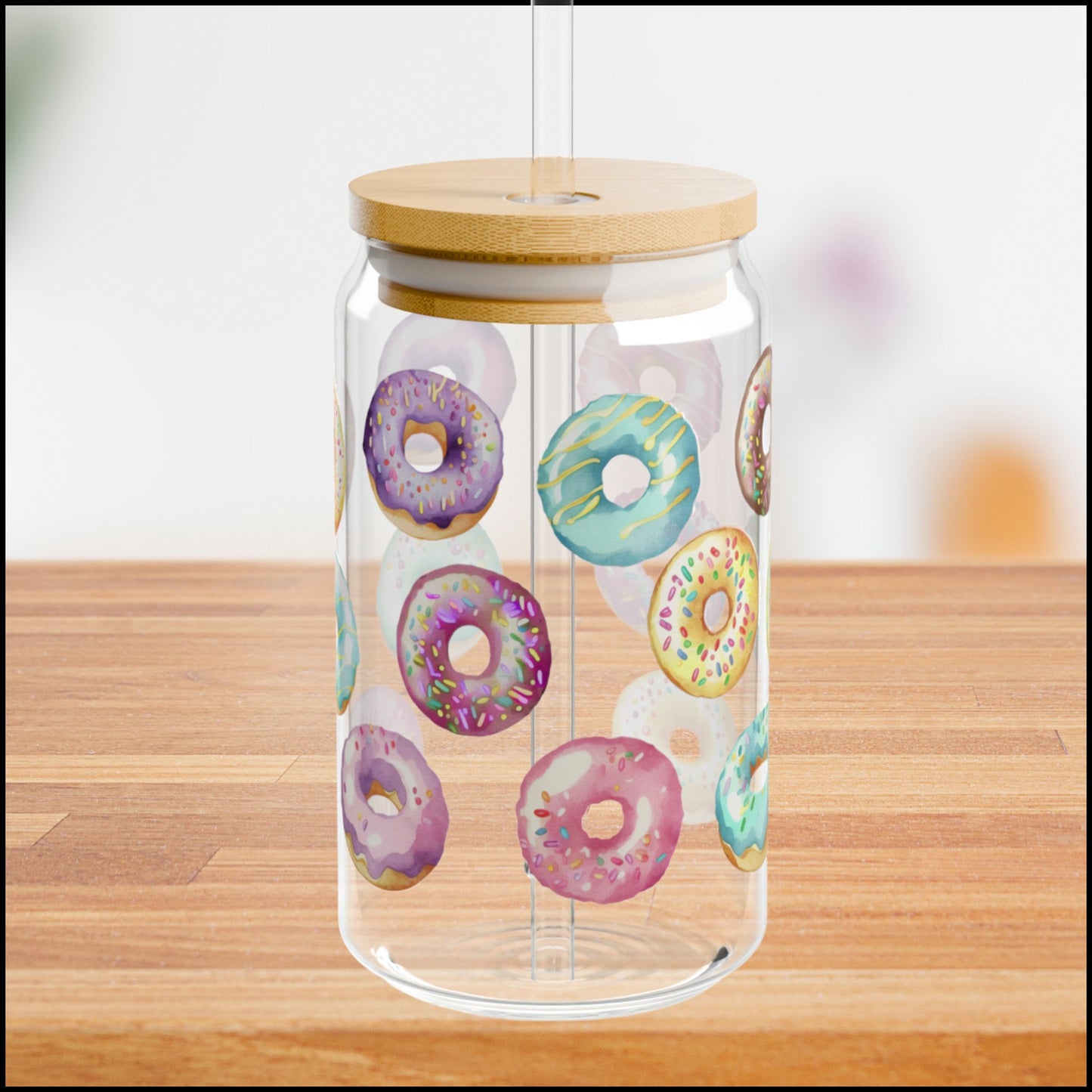 Colorful Donut Party Glass Can with Bamboo Lid & Plastic Straw