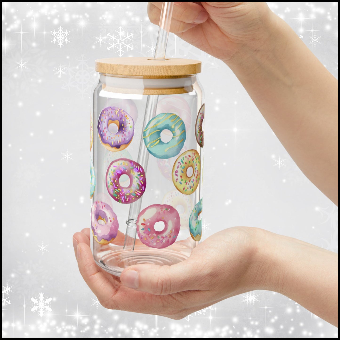 Colorful Donut Party Glass Can with Bamboo Lid & Plastic Straw