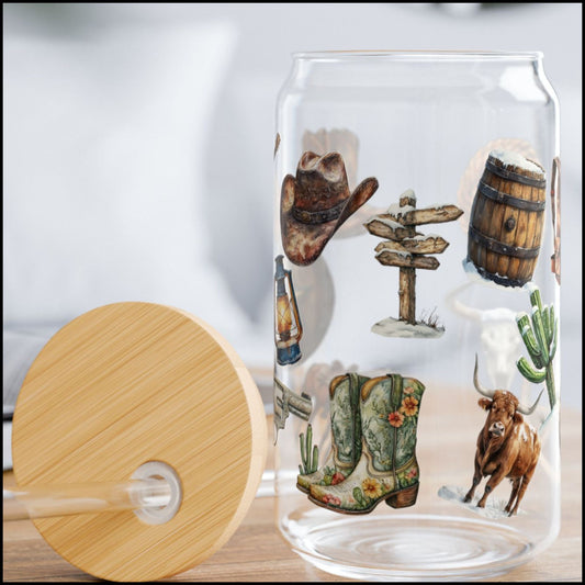 Rustic Western Cowboy Boots & Longhorn Glass Can with Bamboo Lid & Straw