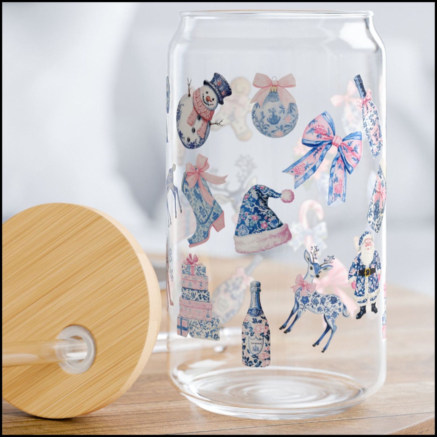 16oz Chinoiserie Pink & Blue Christmas Glass Can with Bamboo Lid & Plastic Straw