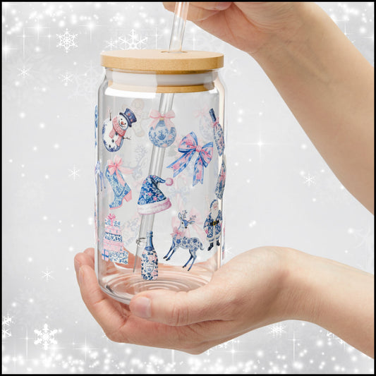 16oz Chinoiserie Pink & Blue Christmas Glass Can with Bamboo Lid & Plastic Straw
