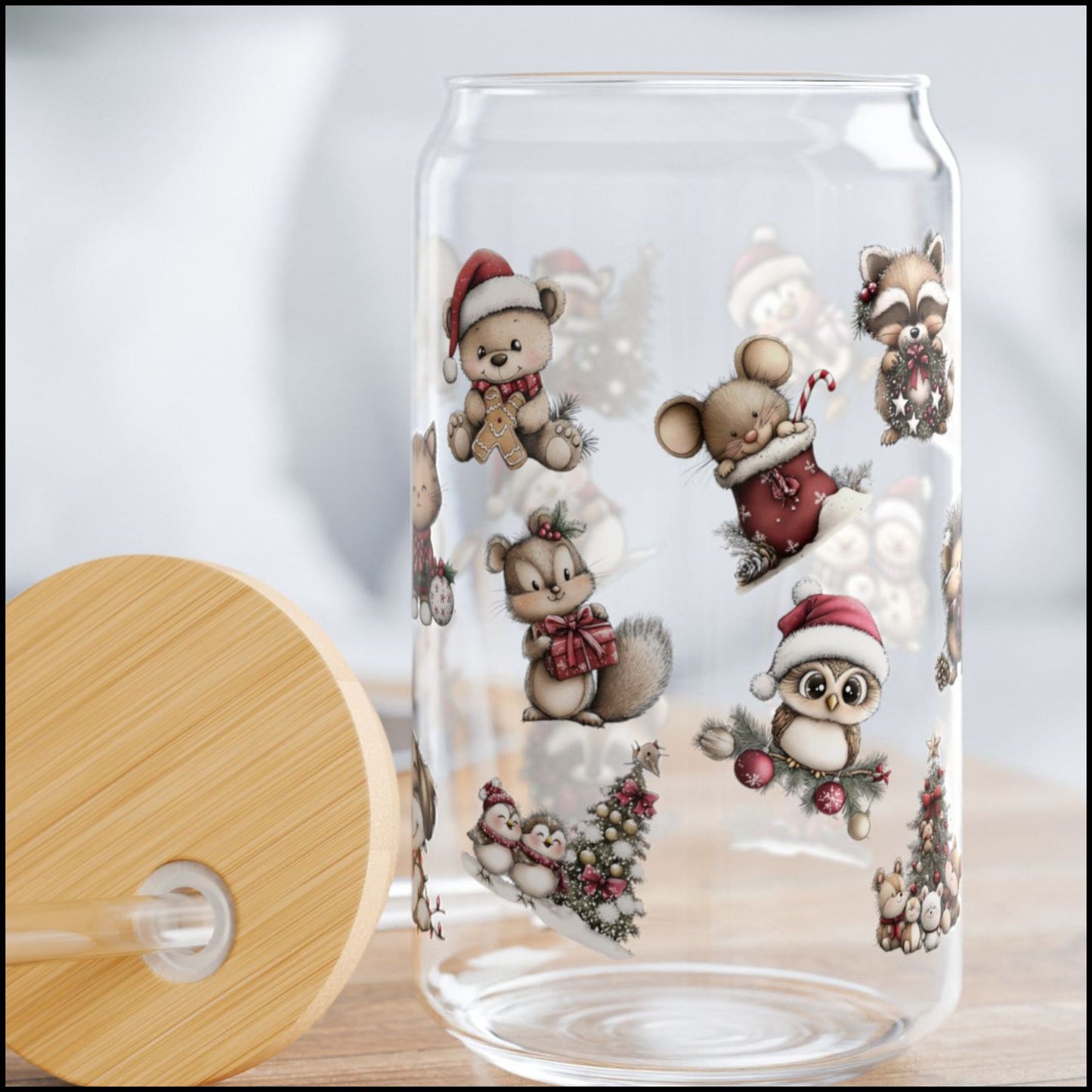 Cozy Woodland Critters Christmas Glass Can with Bamboo Lid & Straw