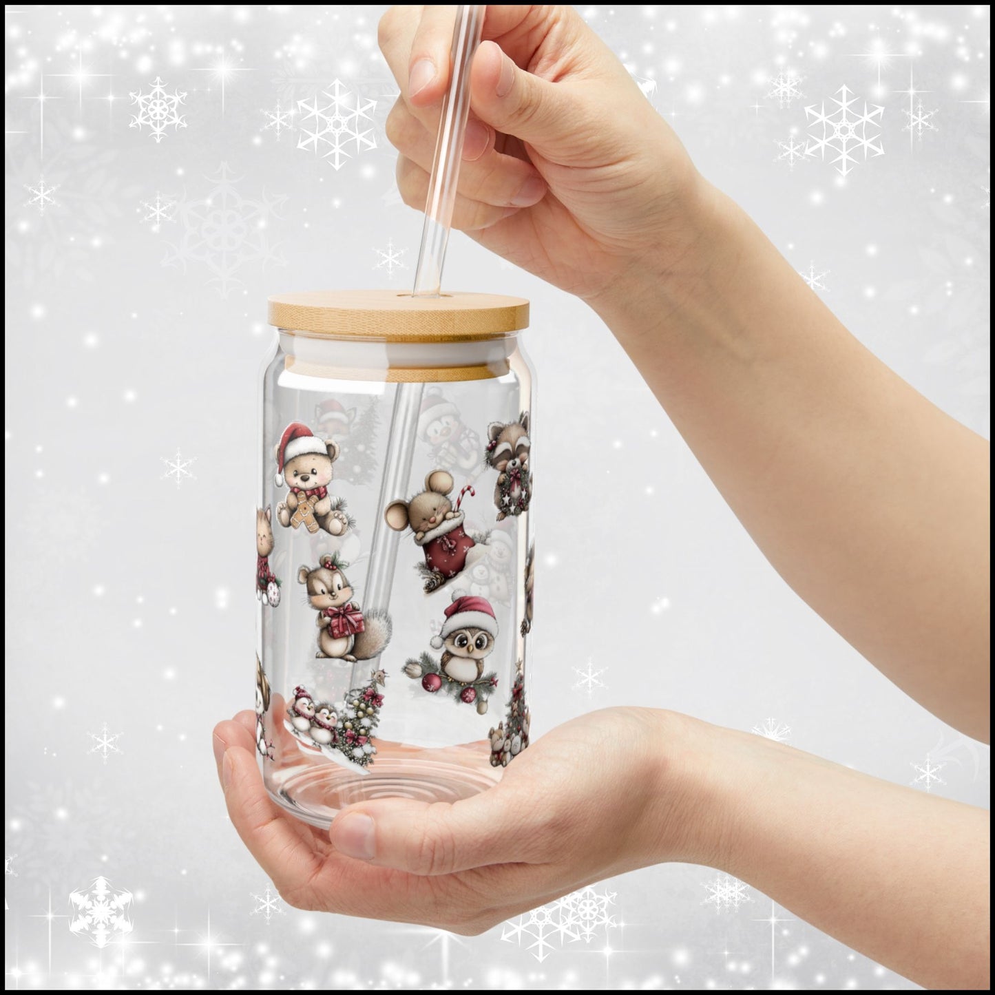 Cozy Woodland Critters Christmas Glass Can with Bamboo Lid & Straw