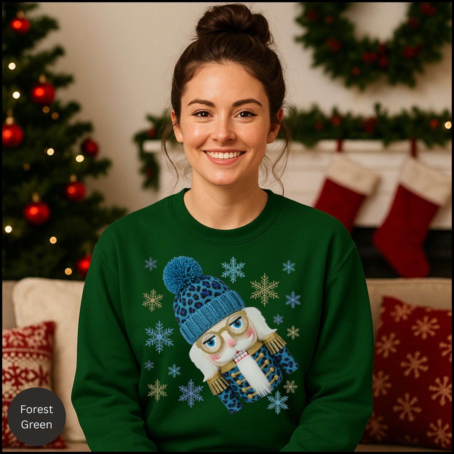 Leopard Nutcracker Christmas Sweatshirt, Blue Beanie Nutcracker Crewneck, Cozy Winter Holiday Sweater for Women