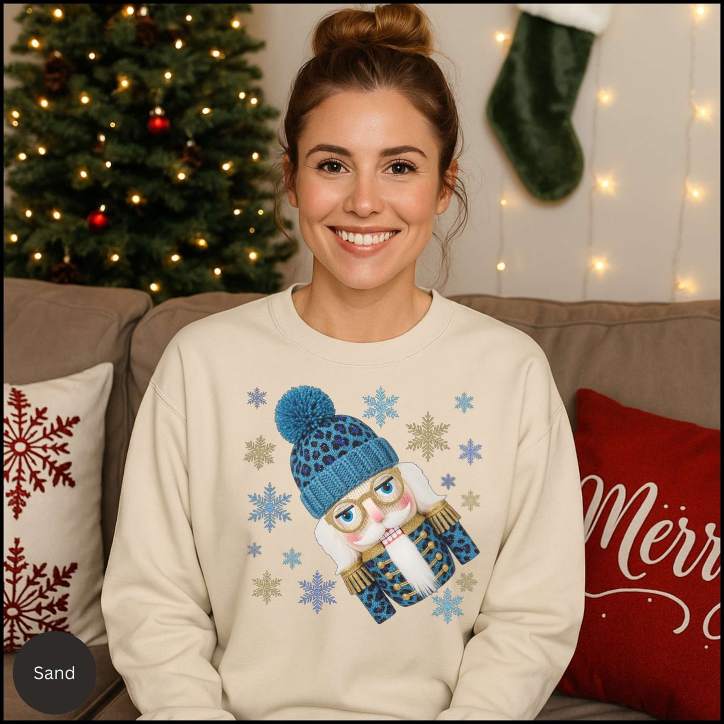 Leopard Nutcracker Christmas Sweatshirt, Blue Beanie Nutcracker Crewneck, Cozy Winter Holiday Sweater for Women