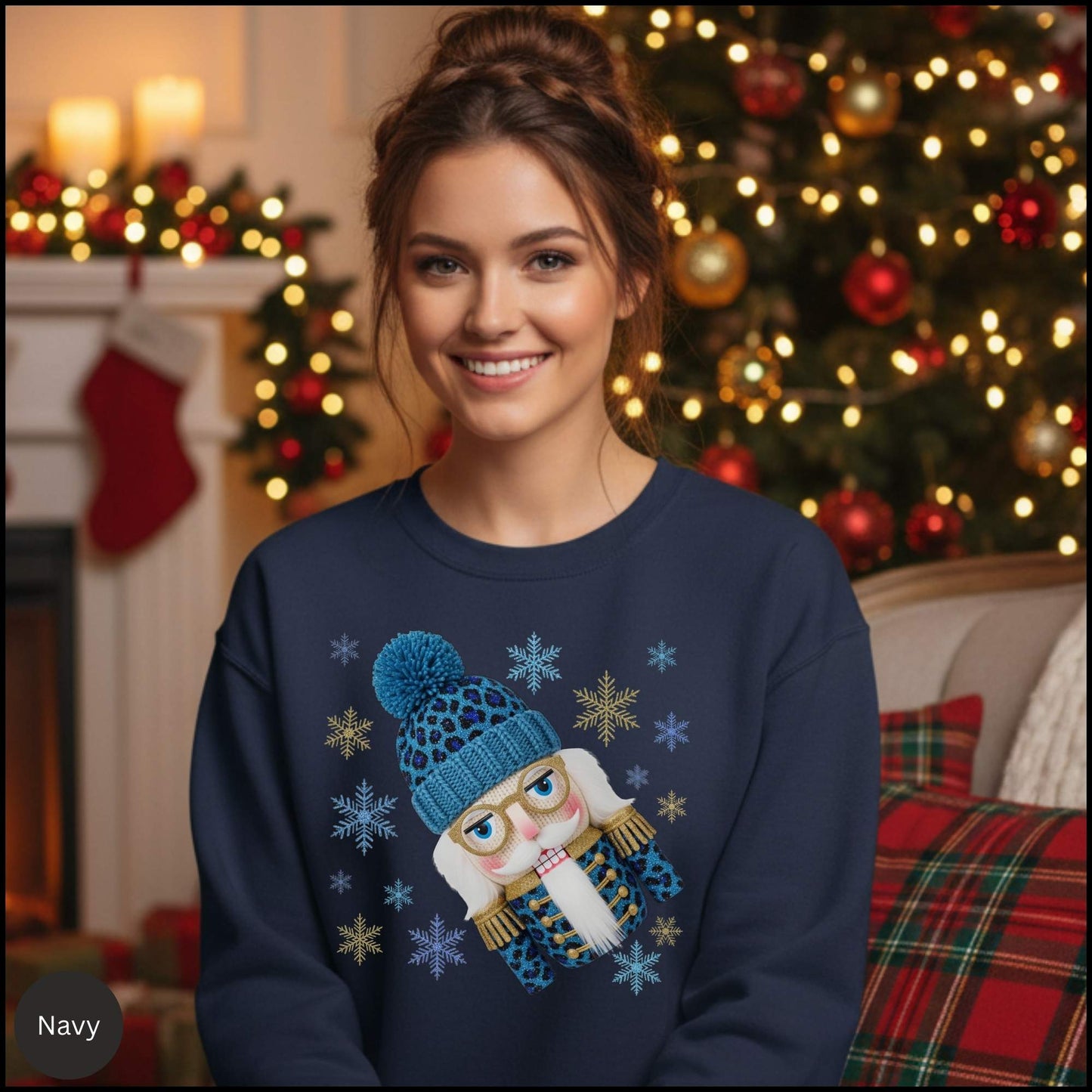 Leopard Nutcracker Christmas Sweatshirt, Blue Beanie Nutcracker Crewneck, Cozy Winter Holiday Sweater for Women