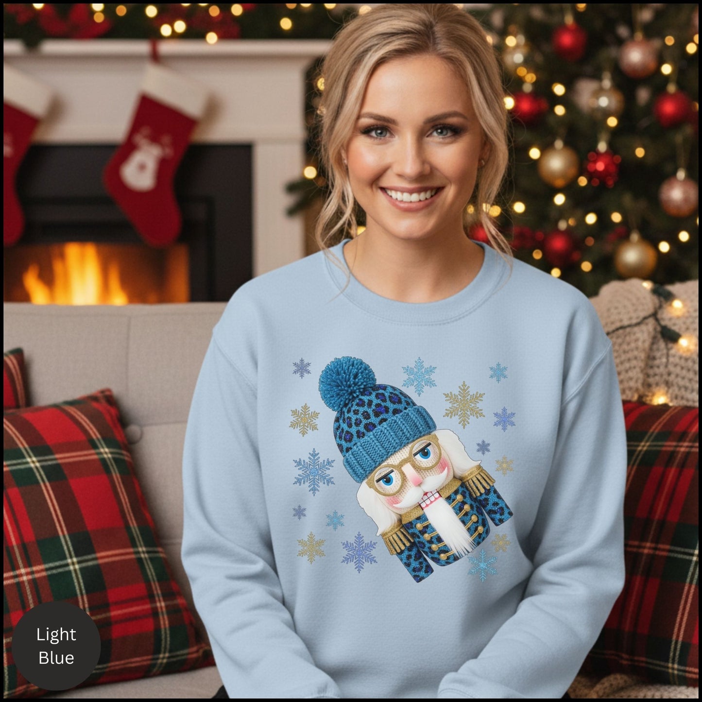 Leopard Nutcracker Christmas Sweatshirt, Blue Beanie Nutcracker Crewneck, Cozy Winter Holiday Sweater for Women