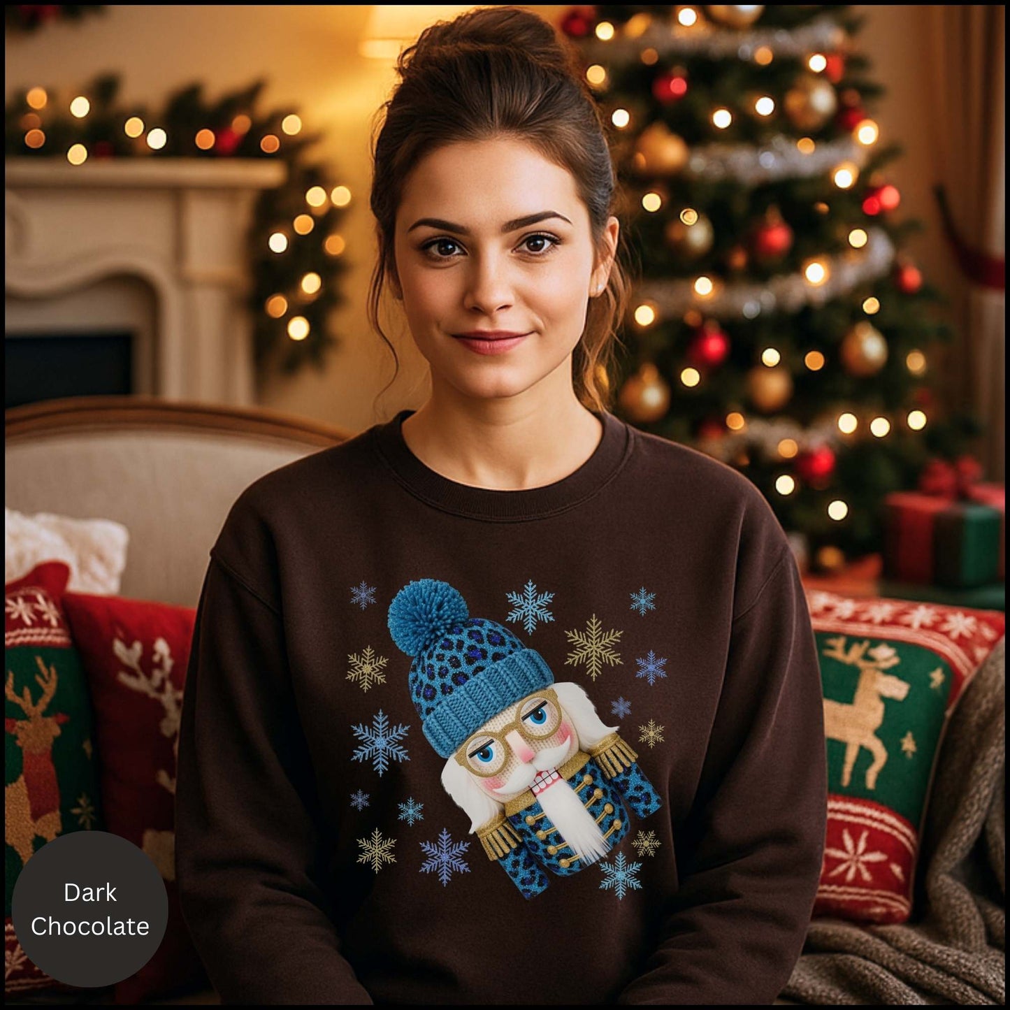 Leopard Nutcracker Christmas Sweatshirt, Blue Beanie Nutcracker Crewneck, Cozy Winter Holiday Sweater for Women