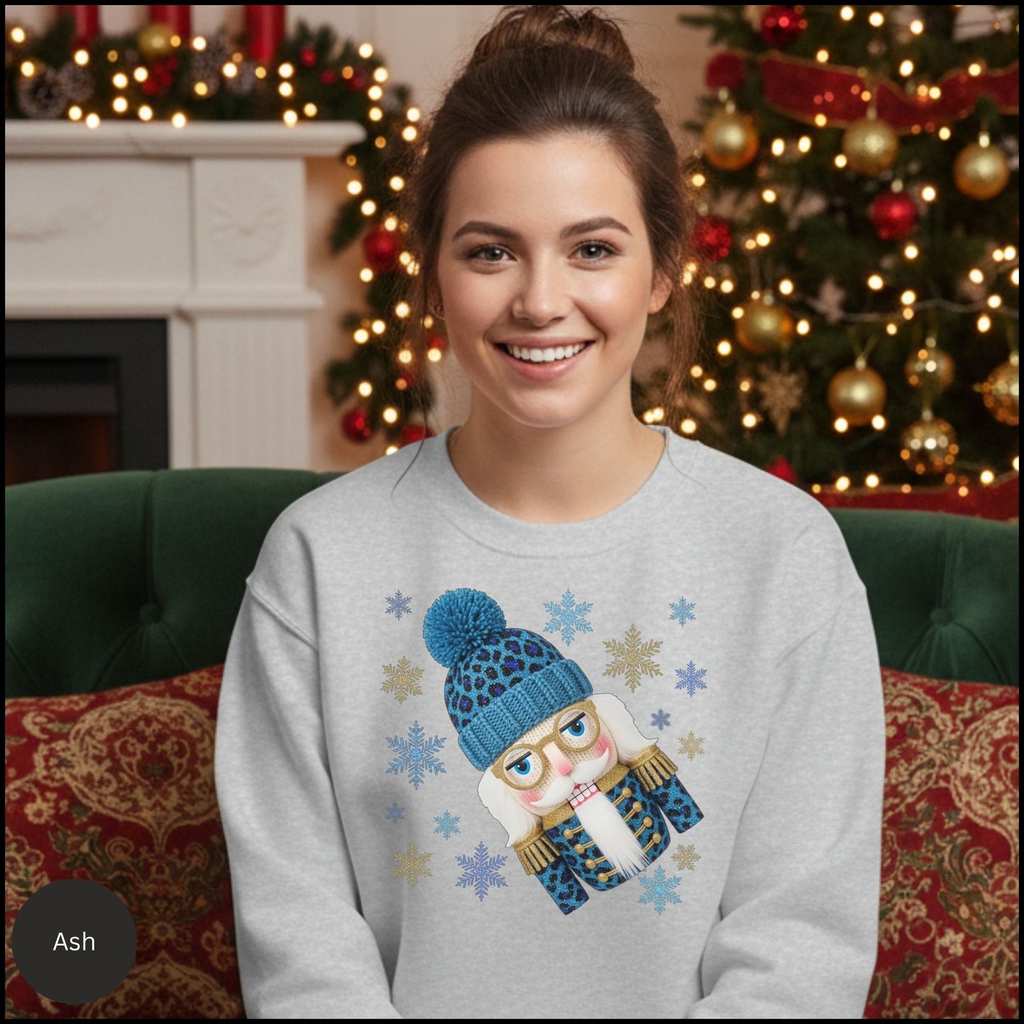 Leopard Nutcracker Christmas Sweatshirt, Blue Beanie Nutcracker Crewneck, Cozy Winter Holiday Sweater for Women