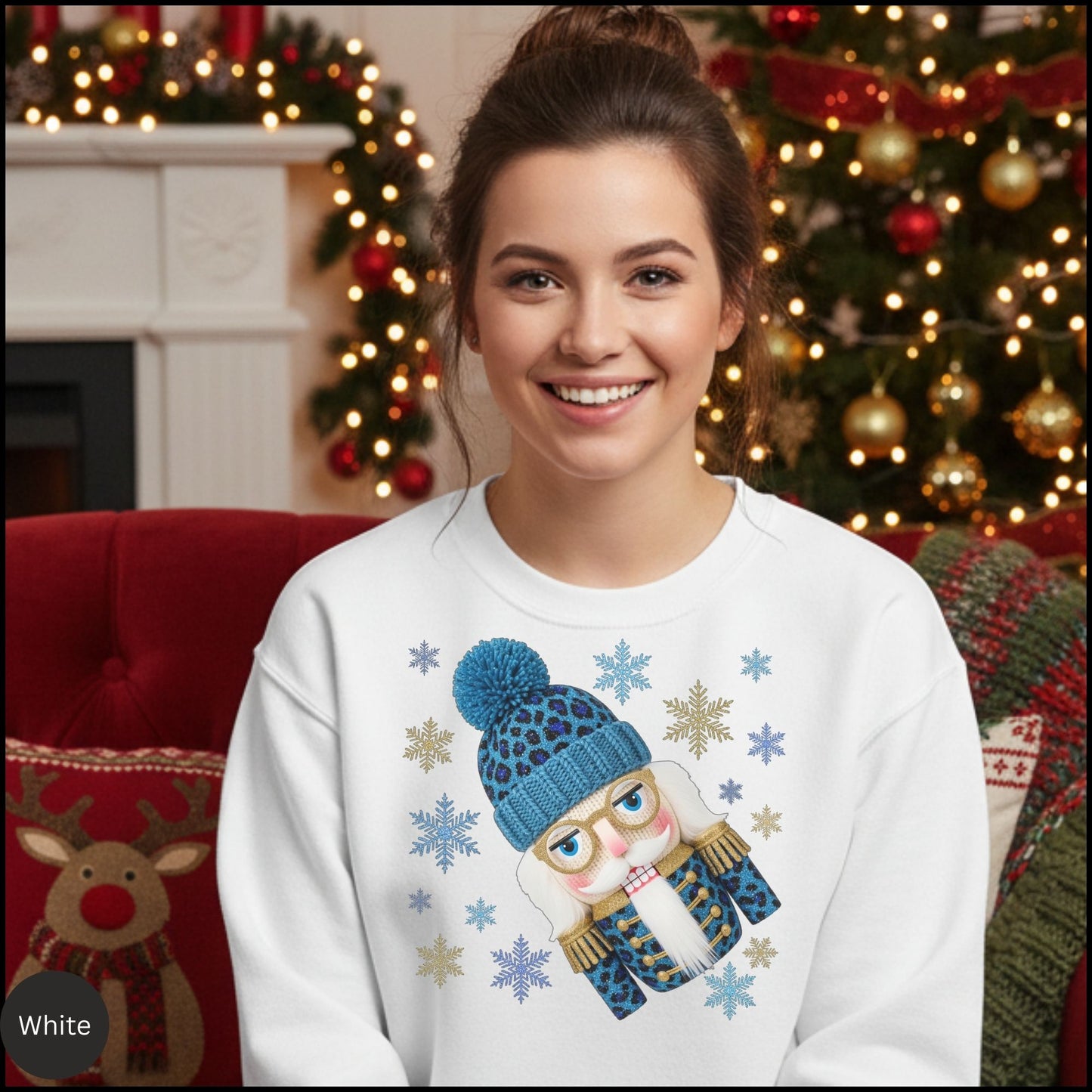 Leopard Nutcracker Christmas Sweatshirt, Blue Beanie Nutcracker Crewneck, Cozy Winter Holiday Sweater for Women