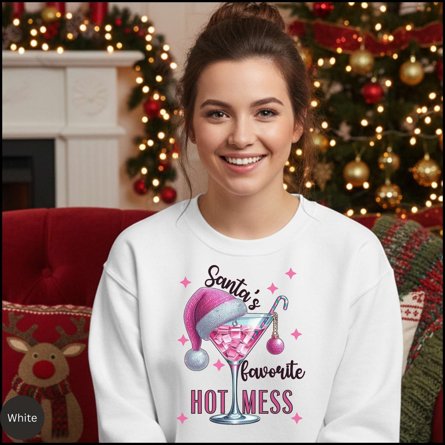 Santa's Favorite Hot Mess Christmas Cocktail Sweatshirt – Pink Glitter Martini Holiday Crewneck for Women