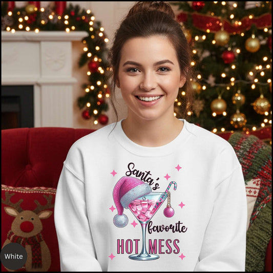 Santa's Favorite Hot Mess Christmas Cocktail Sweatshirt – Pink Glitter Martini Holiday Crewneck for Women