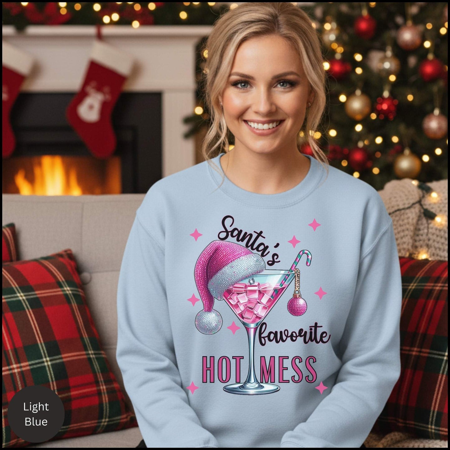 Santa's Favorite Hot Mess Christmas Cocktail Sweatshirt – Pink Glitter Martini Holiday Crewneck for Women