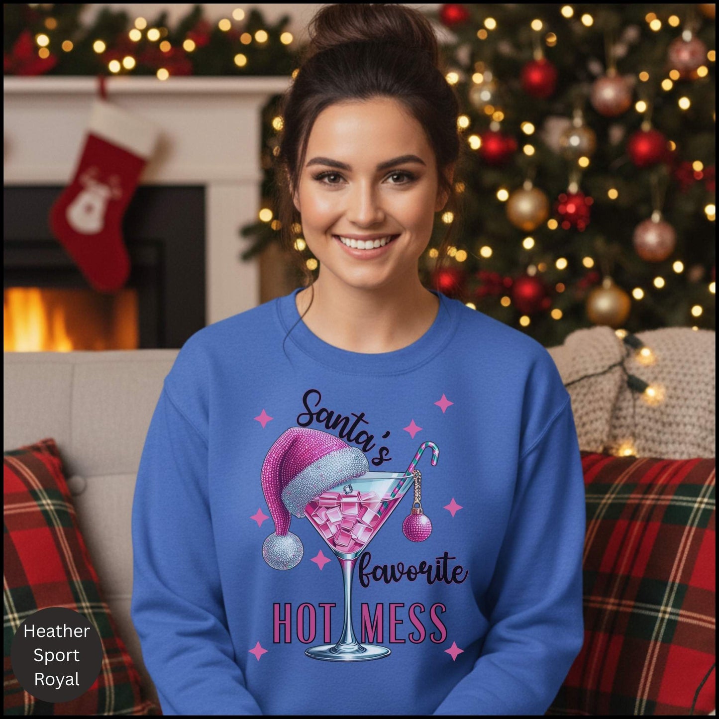 Santa's Favorite Hot Mess Christmas Cocktail Sweatshirt – Pink Glitter Martini Holiday Crewneck for Women
