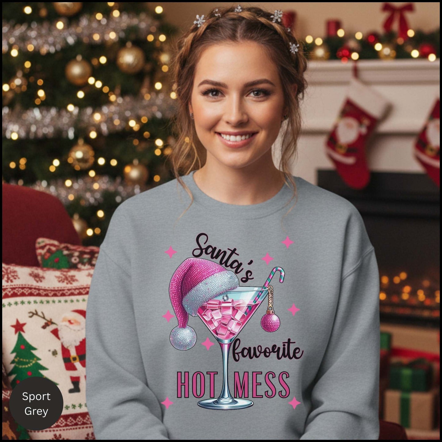 Santa's Favorite Hot Mess Christmas Cocktail Sweatshirt – Pink Glitter Martini Holiday Crewneck for Women