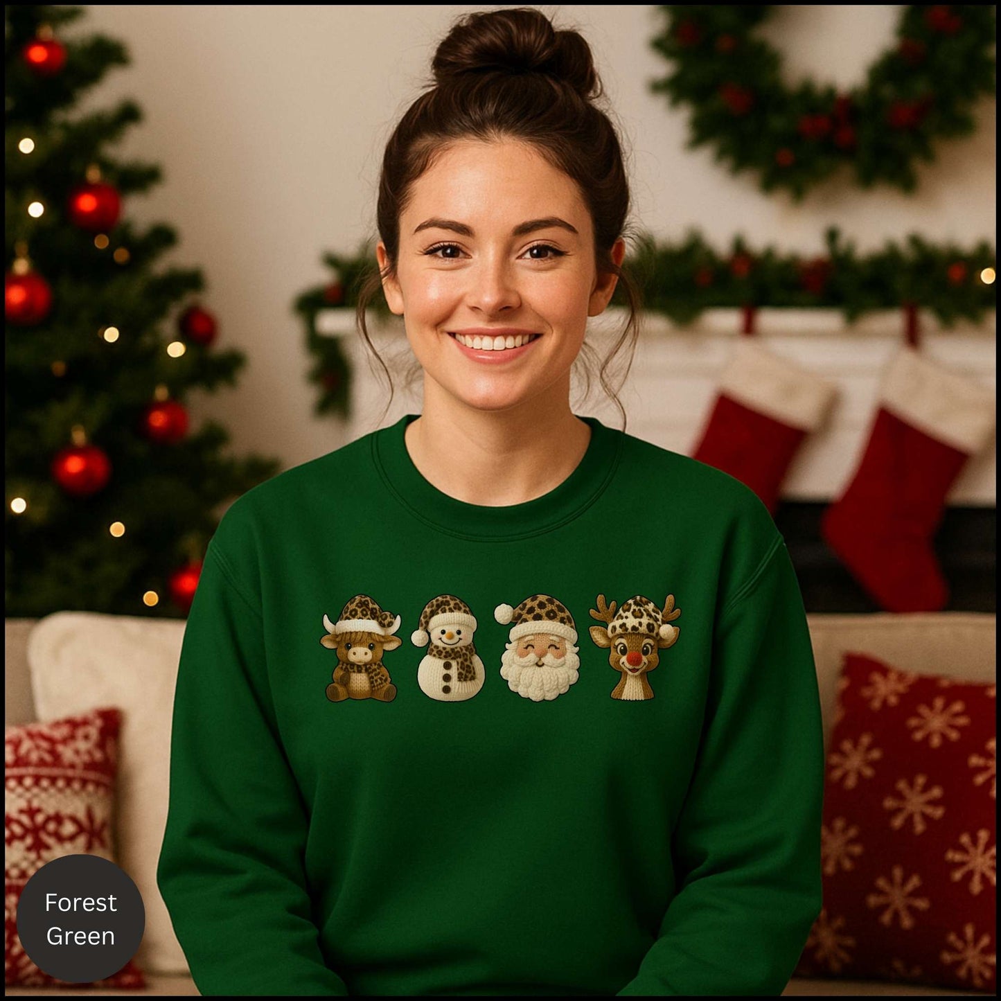 Leopard Christmas Crew Sweatshirt, Cow Snowman Santa Reindeer Sweater, Neutral Western Holiday Pullover