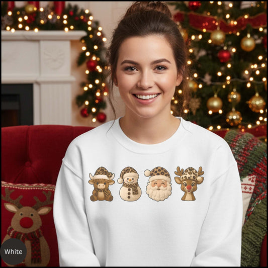 Leopard Christmas Crew Sweatshirt, Cow Snowman Santa Reindeer Sweater, Neutral Western Holiday Pullover