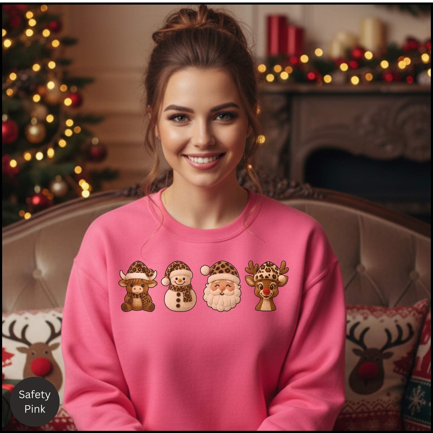 Leopard Christmas Crew Sweatshirt, Cow Snowman Santa Reindeer Sweater, Neutral Western Holiday Pullover